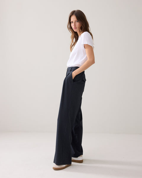 SUMMUM Wide Pinstripe Trousers, Midnight Blue