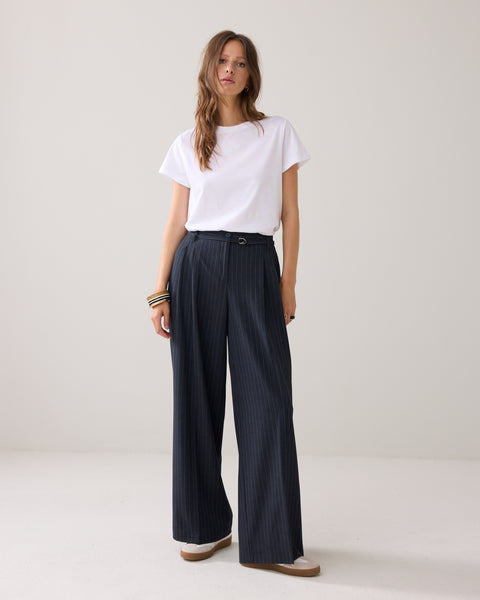 SUMMUM Wide Pinstripe Trousers, Midnight Blue