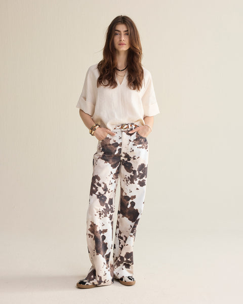 SUMMUM Cow Print Trousers, Brown & Off White