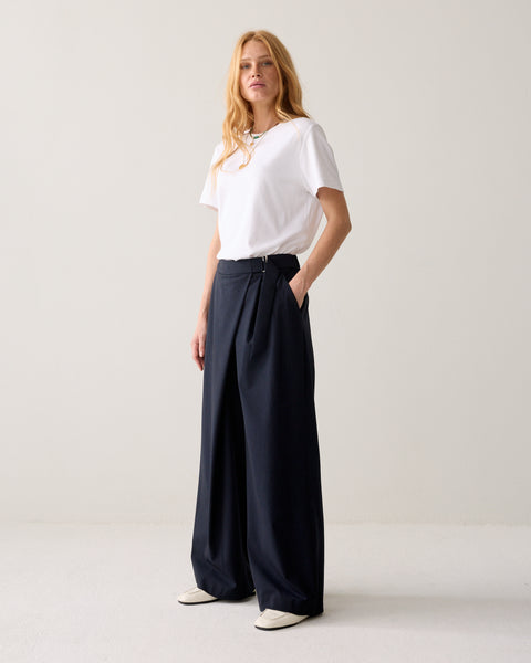 SUMMUM Pinstripe Wrap Trousers, Midnight Blue