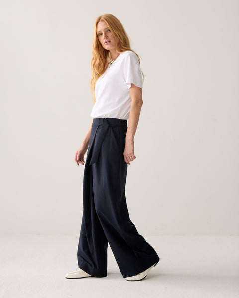 SUMMUM Pinstripe Wrap Trousers, Midnight Blue