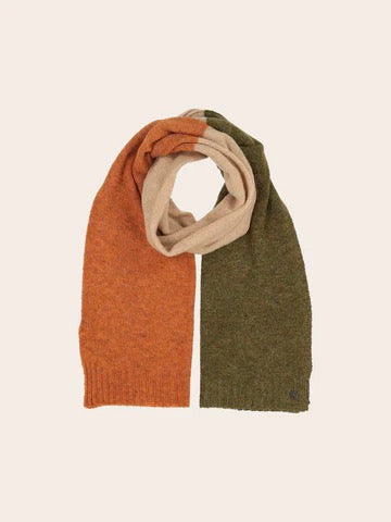 Fraas Knitted  Scarf, Block Stripes- Safari Green Oatmeal and Orange