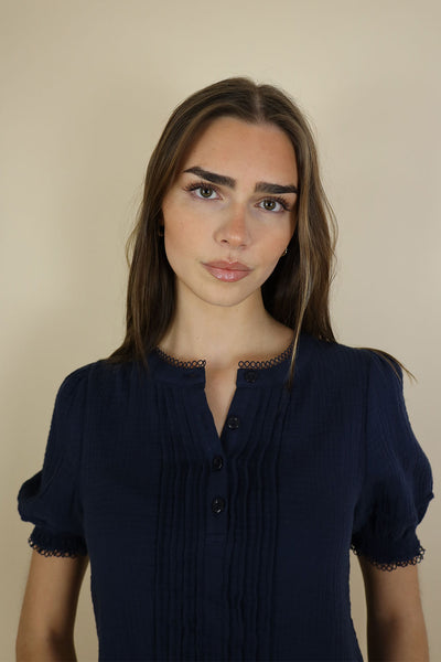 NO2MORO Claudine Blouse, Navy - Flax In Bloom