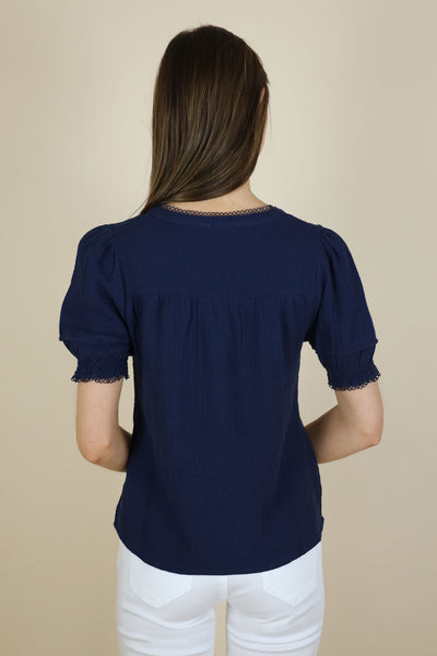 NO2MORO Claudine Blouse, Navy - Flax In Bloom