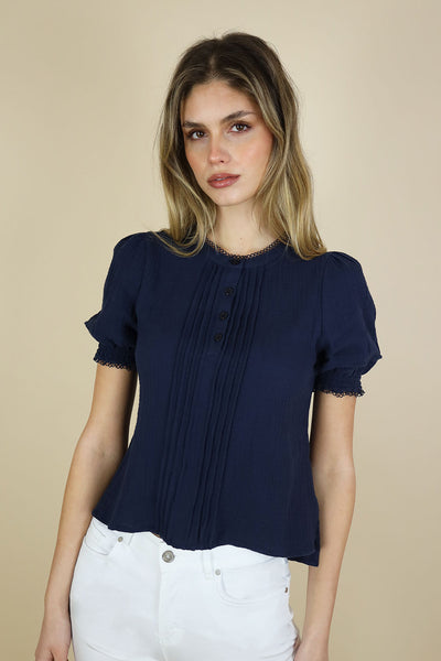 NO2MORO Claudine Blouse, Navy - Flax In Bloom