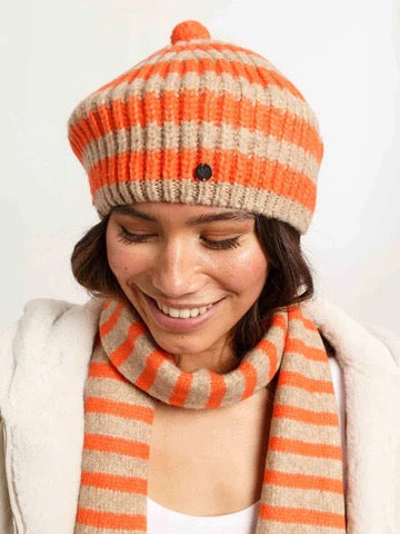 Fraas Stripe Beret, Orange and Oatmeal
