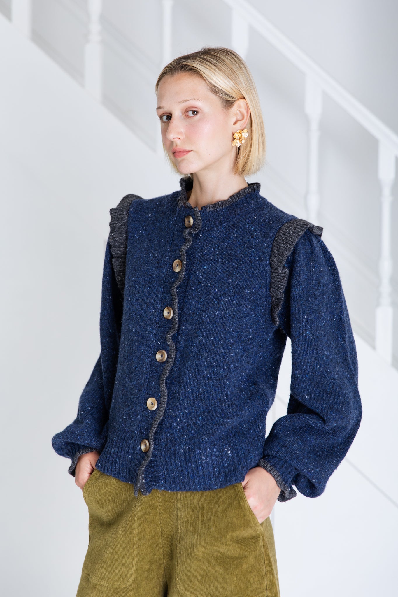 Bonté Delphie Knitted Jacket, Navy with Grey Trim