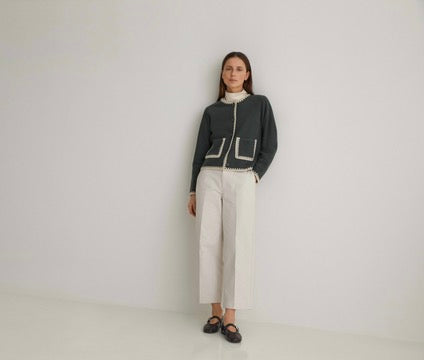 Yerse Wool Cardigan, Green with Cream Trim