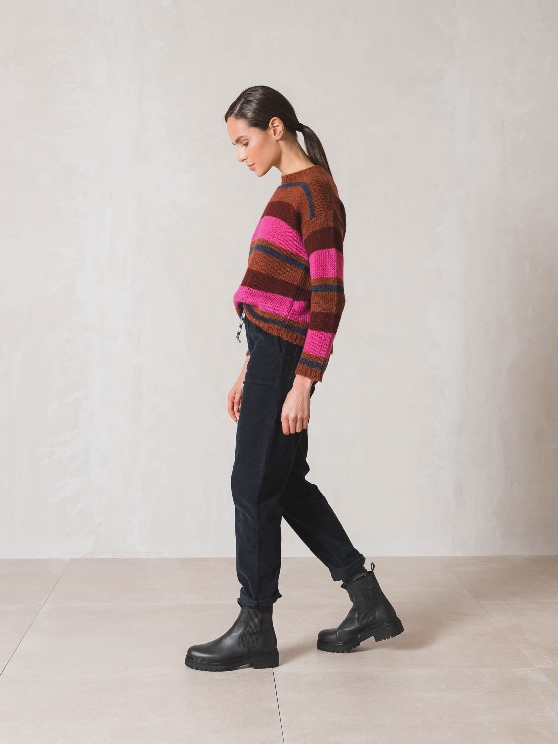 Indi and Cold Stripe Wool Knit, Fuchsia