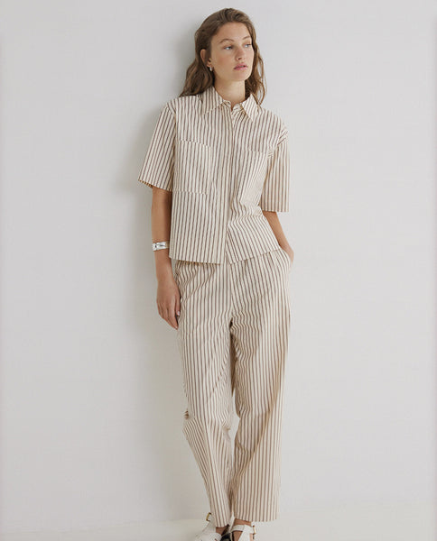 Yerse Cotton Blouse, Ecru/Brown Stripes - Flax In Bloom