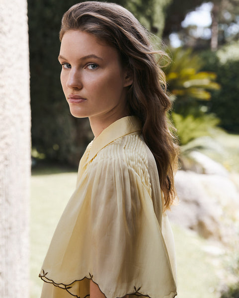 Yerse Romantic Blouse, Vanilla with Brown Embroidery