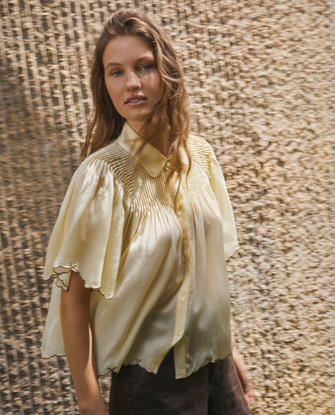 Yerse Romantic Blouse, Vanilla with Brown Embroidery