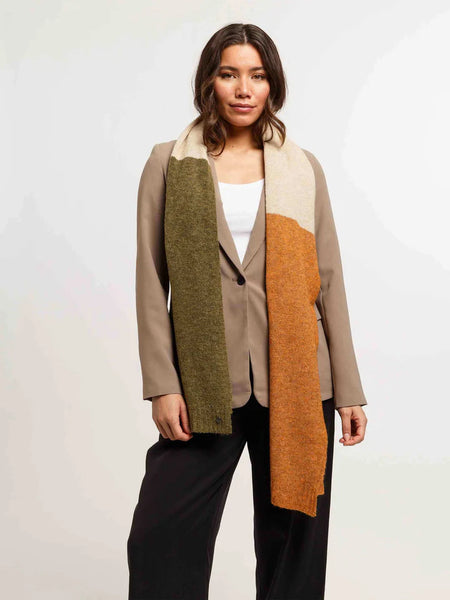 Fraas Knitted  Scarf, Block Stripes- Safari Green Oatmeal and Orange
