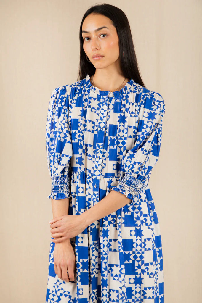 delft blue dress delft blue old fashion rose Women's Off Shoulder Ruffle Boat Neck Dress (Model D71) S main image 1