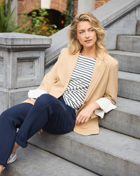 Red Button Terry Top & Scarf, Dark Blue Stripe - Flax In Bloom