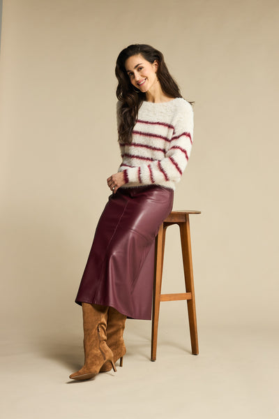 Red Button Fuzzy Stripe Pullover, Cream and Ruby