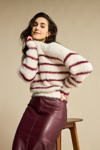 Red Button Fuzzy Stripe Pullover, Cream and Ruby