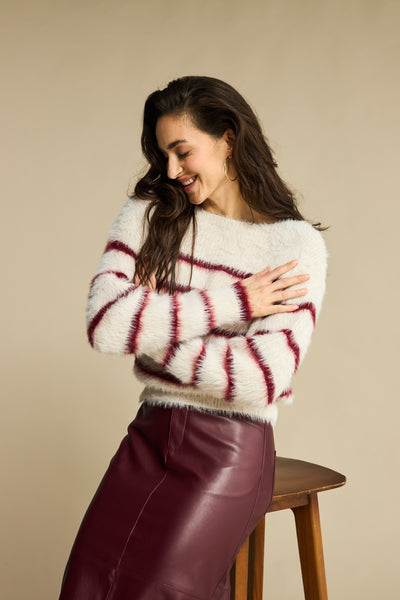 Red Button Fuzzy Stripe Pullover, Cream and Ruby