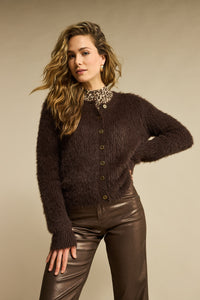 Red Button Fuzzy Cardigan, Espresso