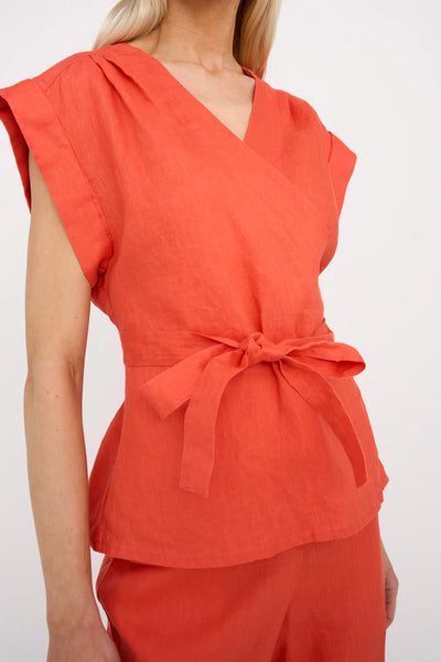 Pieszak Lina Linen Wrap Blouse, Beautiful Coral