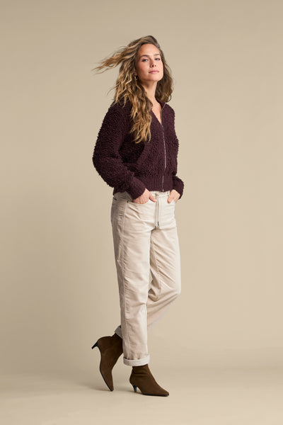 Red Button Boucle Knit Bomber, Burgundy