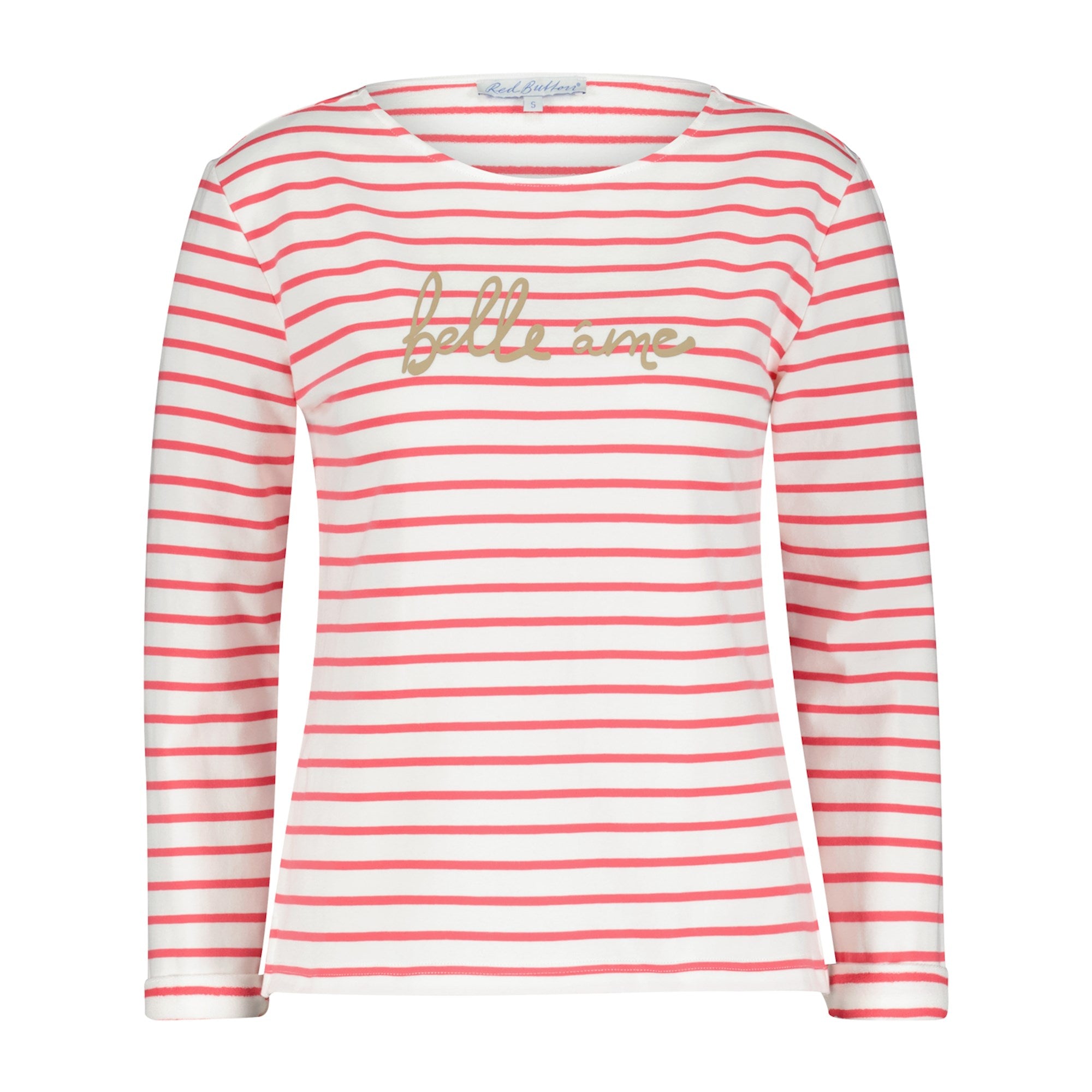 Red Button Terry Sweatshirt, Coral Stripe With Print