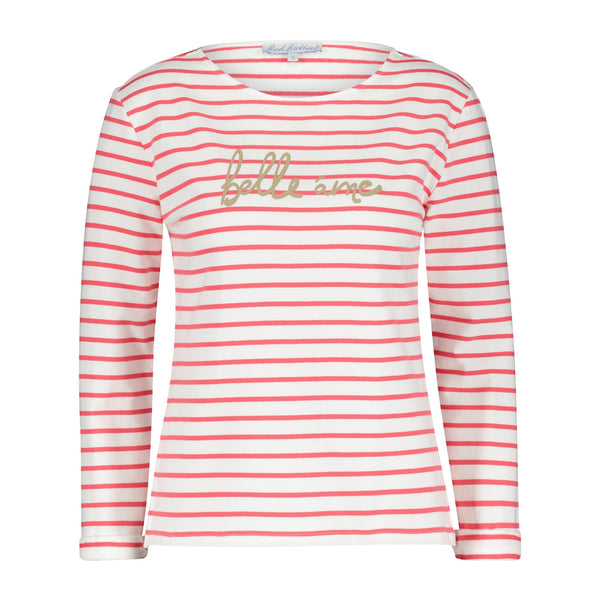 Red Button Terry Sweatshirt, Coral Stripe With Print