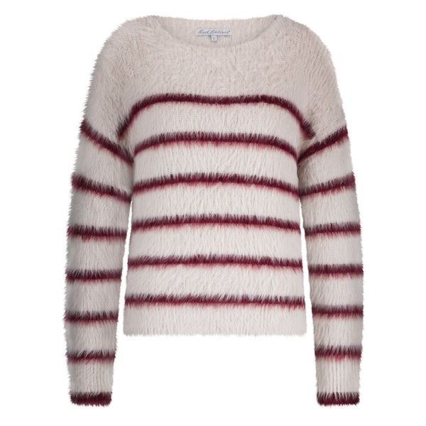 Red Button Fuzzy Stripe Pullover, Cream and Ruby