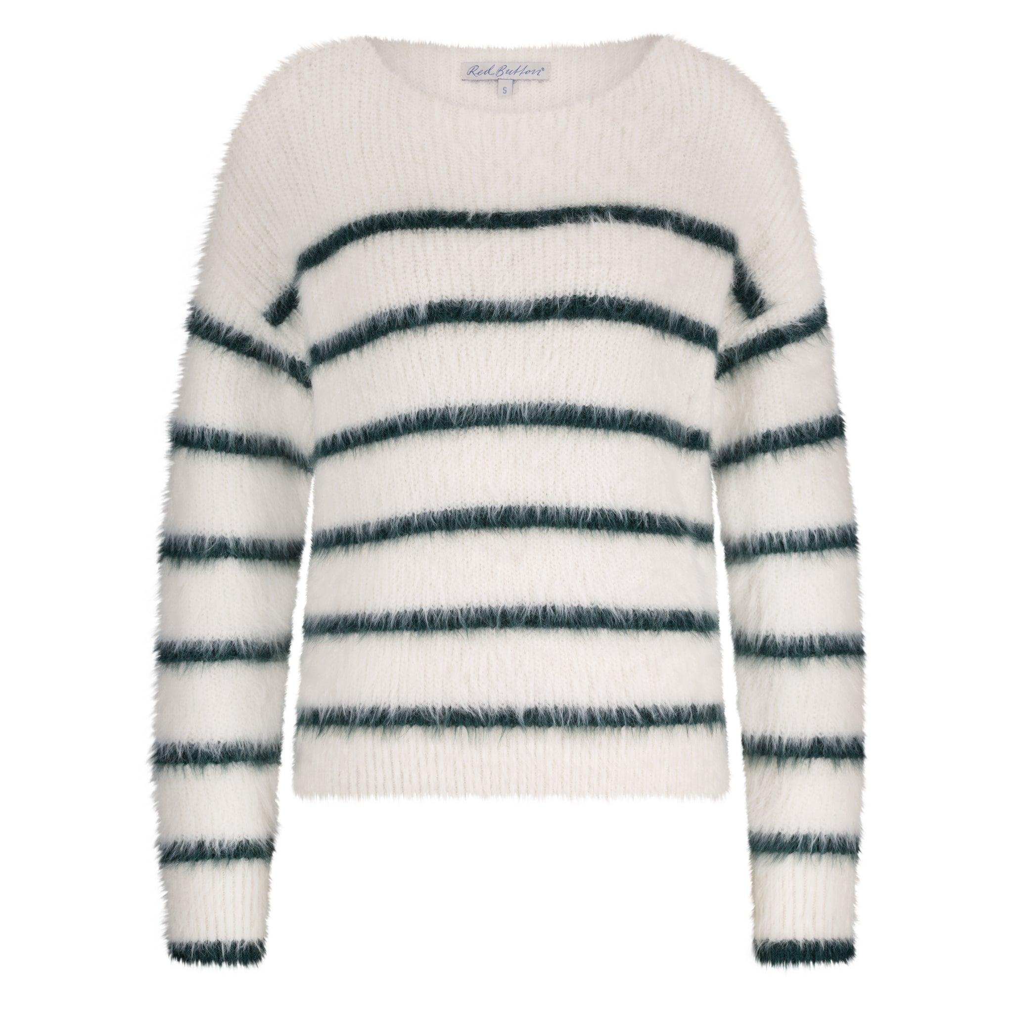 Red BUtton Fuzzy Stripe Pullover, Ecru and Indigo