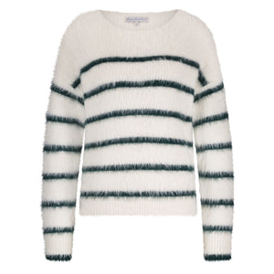 Red BUtton Fuzzy Stripe Pullover, Ecru and Indigo