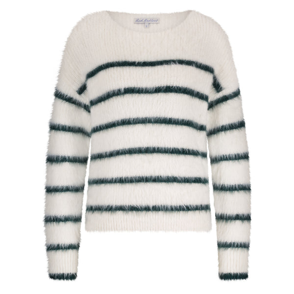 Red BUtton Fuzzy Stripe Pullover, Ecru and Indigo