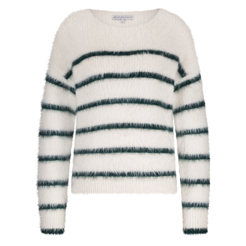 Red BUtton Fuzzy Stripe Pullover, Ecru and Indigo