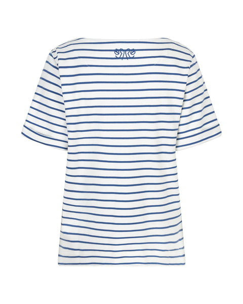 Red Button Terry Short Sleeve Top, Jeans Blue Stripe - Flax In Bloom