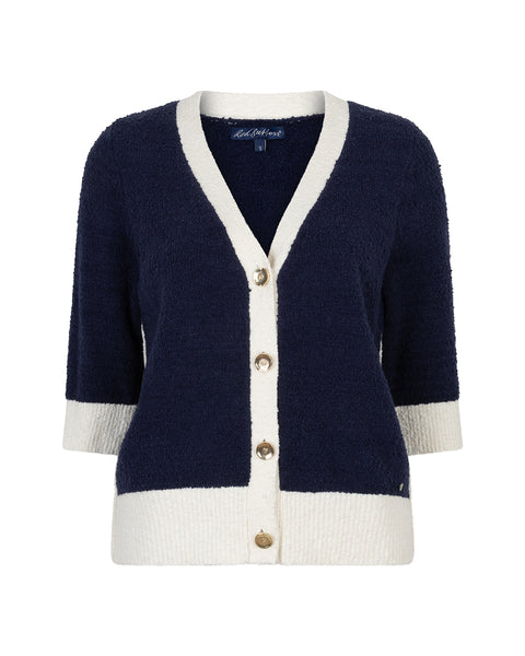 Red Button Popcorn Cardigan, Dark Blue - Flax In Bloom