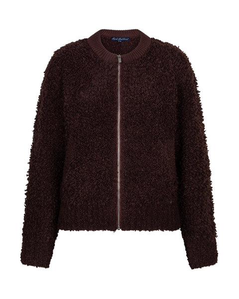 Red Button Boucle Knit Bomber, Burgundy