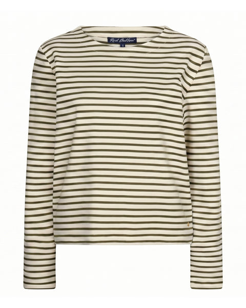 Red Button Terry Stripe Top, Cream/Dark Green