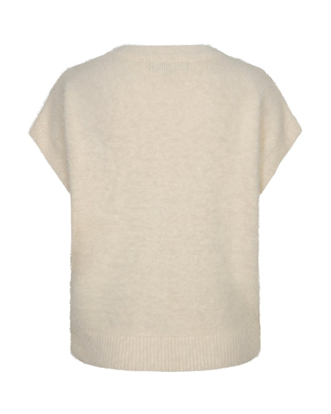 Red Button Sleeveless Fuzzy Knit, Cream