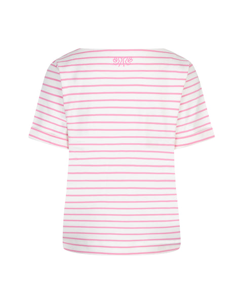 Red Button Terry Short Sleeve Top, Pink Stripe - Flax In Bloom