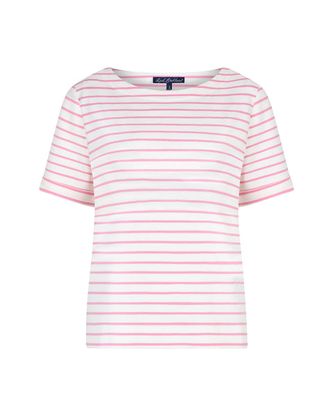 Red Button Terry Short Sleeve Top, Pink Stripe - Flax In Bloom