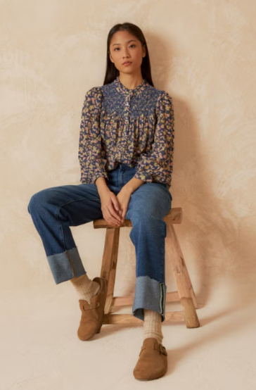 Indi and Cold Smock Embroidered Blouse, Blue Print