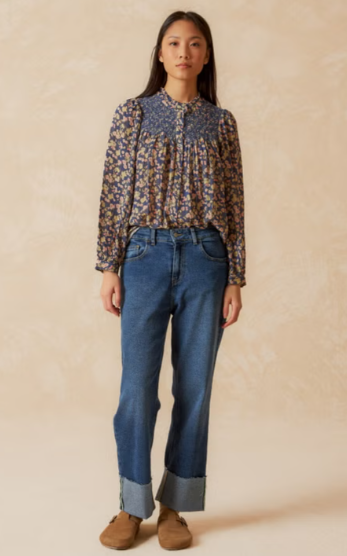 Indi and Cold Smock Embroidered Blouse, Blue Print