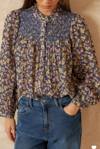 Indi and Cold Smock Embroidered Blouse, Blue Print