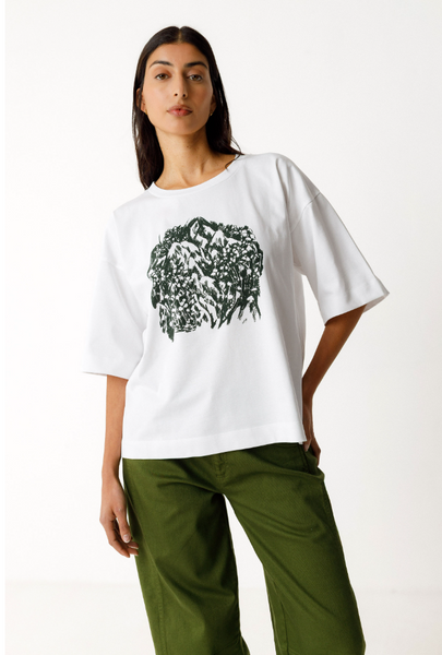 SKFK Lariz GOTS T-shirt, White with Dark Forest Green Print