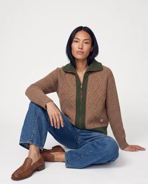 Heyanno Roll Zip Cardie, Brown Melange with Green Trim