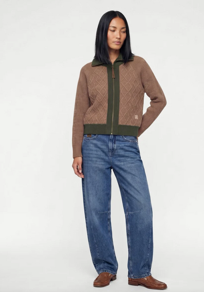 Heyanno Roll Zip Cardie, Brown Melange with Green Trim