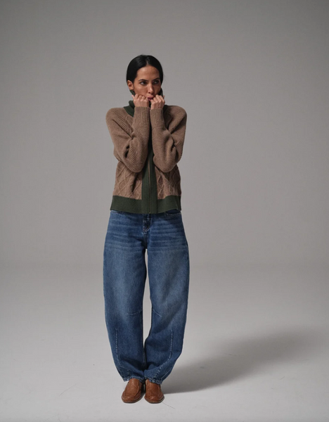 Heyanno Roll Zip Cardie, Brown Melange with Green Trim