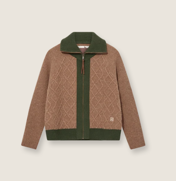 Heyanno Roll Zip Cardie, Brown Melange with Green Trim