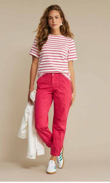 Red Button Terry Short Sleeve Stripe T-Shirt, Raspberry