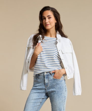 Red Button Terry Short Sleeve Top, Jeans Blue Stripe