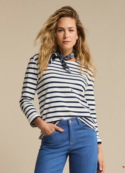 Red Button Terry Top & Scarf, Dark Blue Stripe - Flax In Bloom